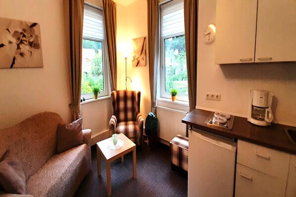 A compact living space with a sofa, a plaid armchair, a small table with a glass, a lamp, a kitchen area with a coffee maker, and a view of greenery outside. - Apartment in Wildemann near Harz Forest (Wildemann)