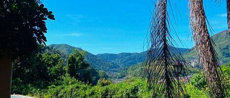 A pool surrounded by lush greenery and hills in the background.
