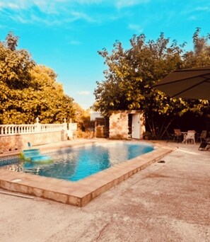 A swimming pool with a stone border, surrounded by trees and a covered patio area.
