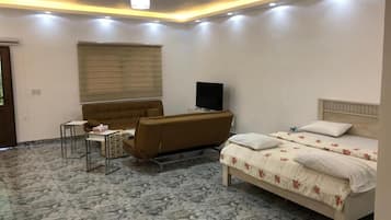 A bedroom with a bed, a sofa, a TV, and a small table.