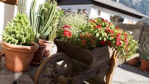 Un carretón de madera lleno de plantas y flores en macetas, colocado en un patio con más plantas en macetas y un edificio al fondo.