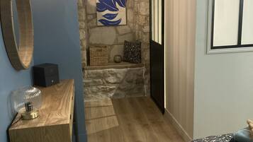 1 bedroom, desk, iron/ironing board, travel cot