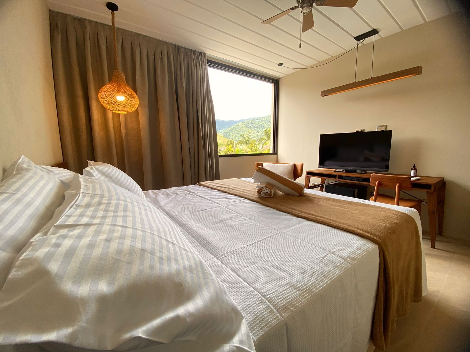 Een hotelkamer met een bed, een televisie, een bureau en een raam met uitzicht op groen.