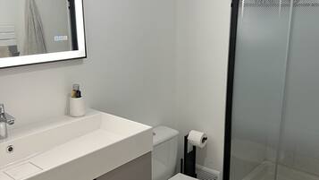 Hair dryer, towels, soap, toilet paper