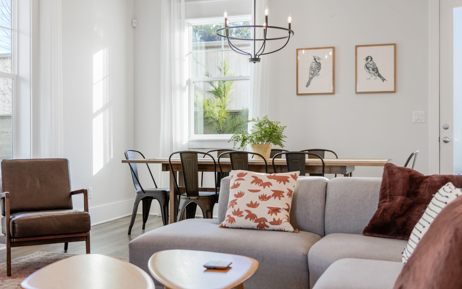 A modern living room with a gray sofa, a brown leather chair, a dining table with chairs, and a chandelier. There are two framed bird illustrations on the wall.