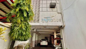 A building with a sign reading "PAPIERUS" at the entrance, a covered walkway, and a parked car. - Papierus Pensionne (Kalibo)