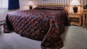 Une chambre d’hôtel avec un grand lit, une table de chevet, une lampe et un tableau au mur.