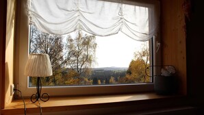 Ein Fenster mit Blick auf Bäume und eine ferne Landschaft.