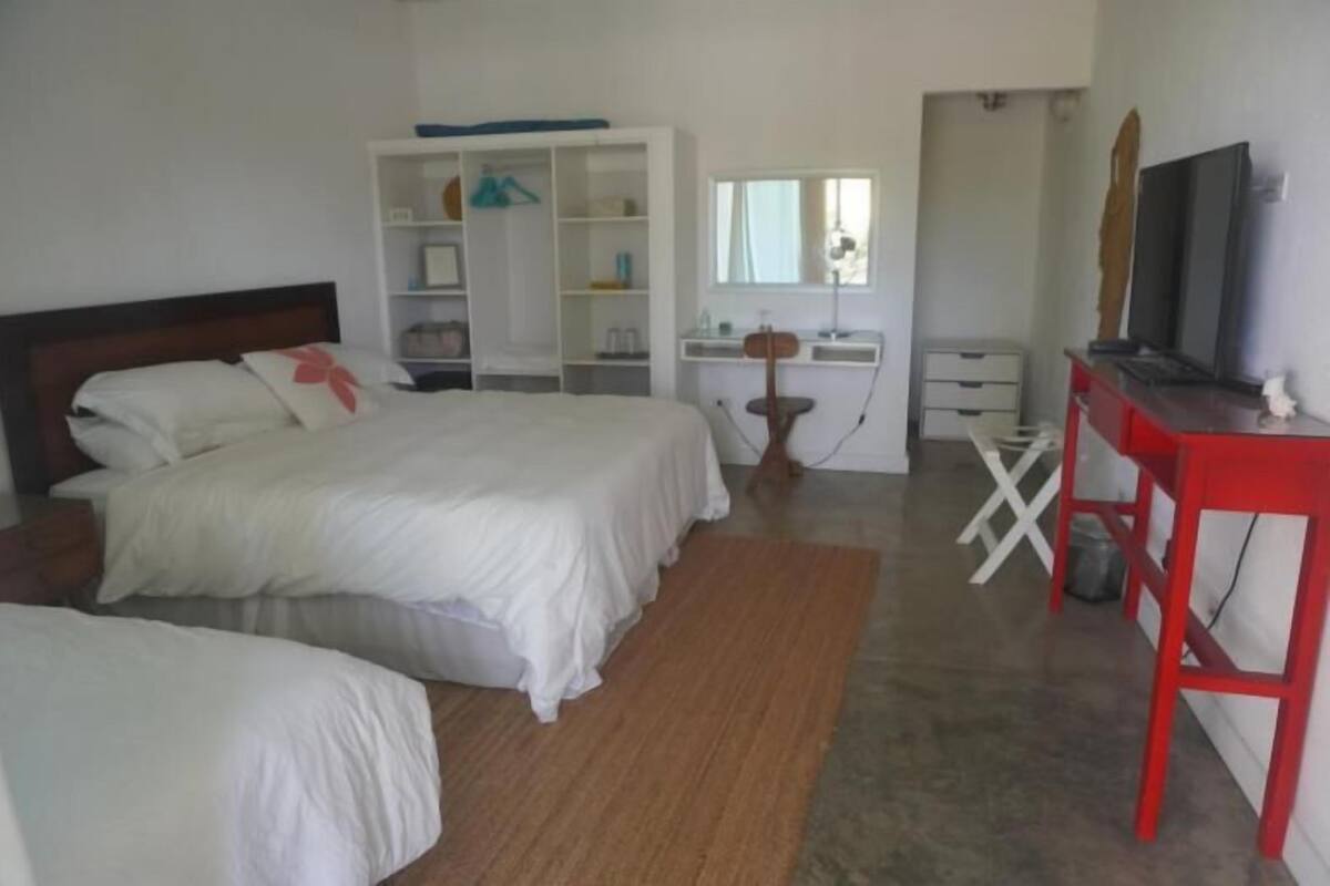 Un dormitorio con dos camas, un escritorio, una silla, un televisor y un armario.