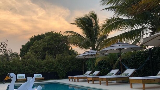 A swimming pool with lounge chairs and umbrellas, surrounded by palm trees and greenery. - Arganama (San Jose)
