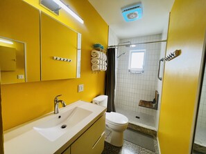 Hair dryer, towels, soap, toilet paper