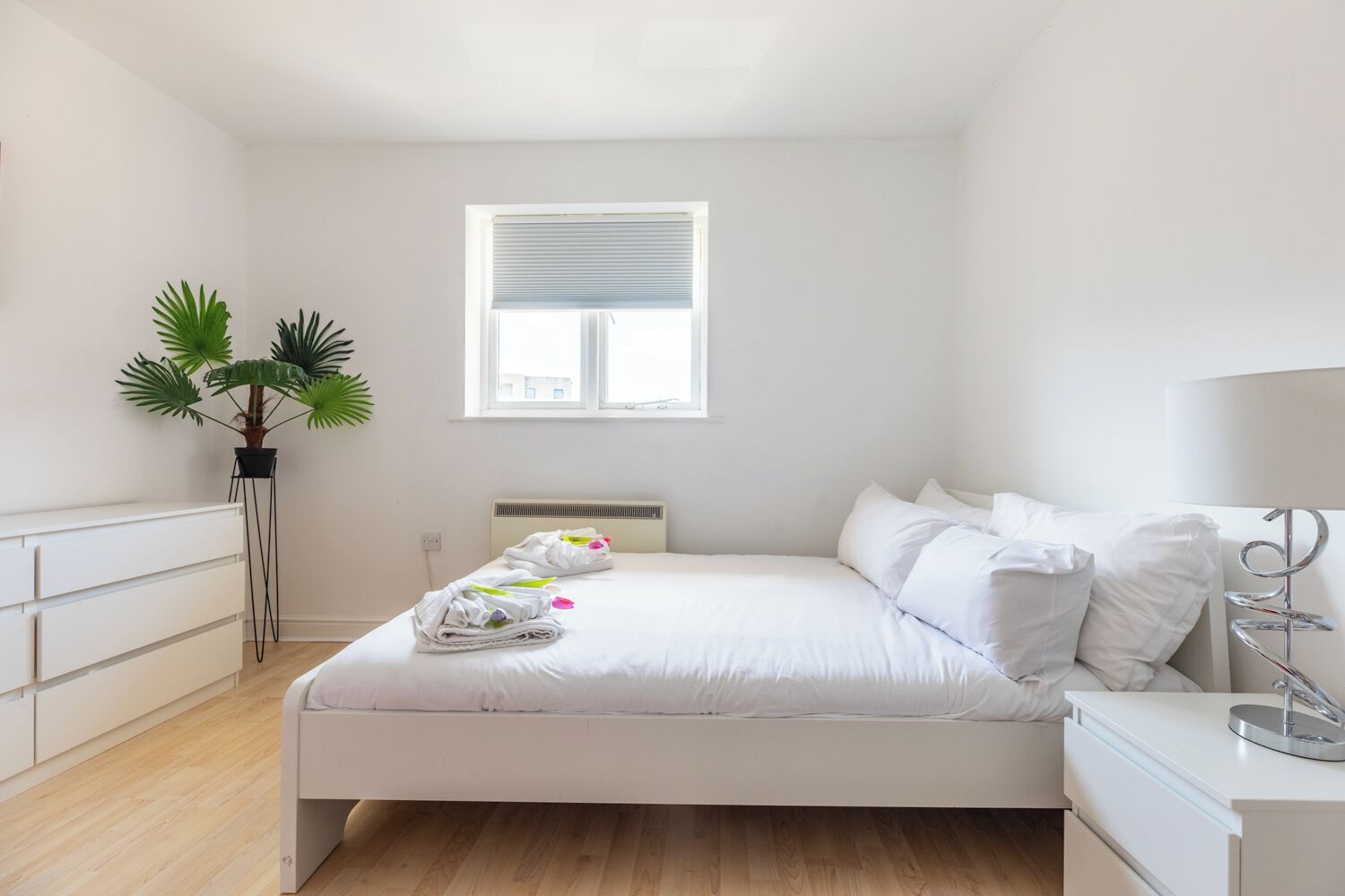 Hypo-allergenic bedding, desk, blackout drapes, iron/ironing board