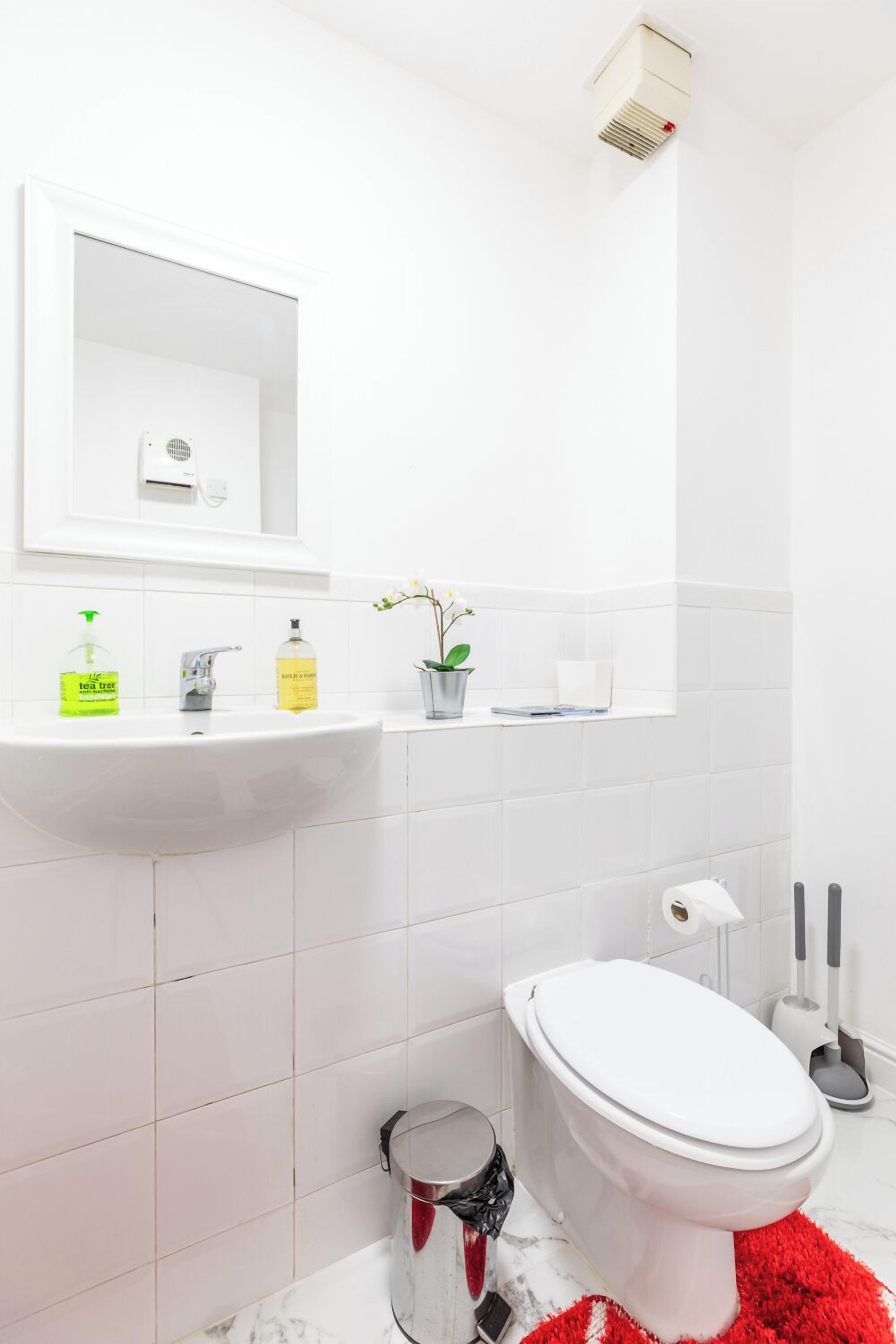 A modern bathroom with a white sink, mirror, and toilet. There are toiletries on the sink, a potted plant, and a red rug on the floor.