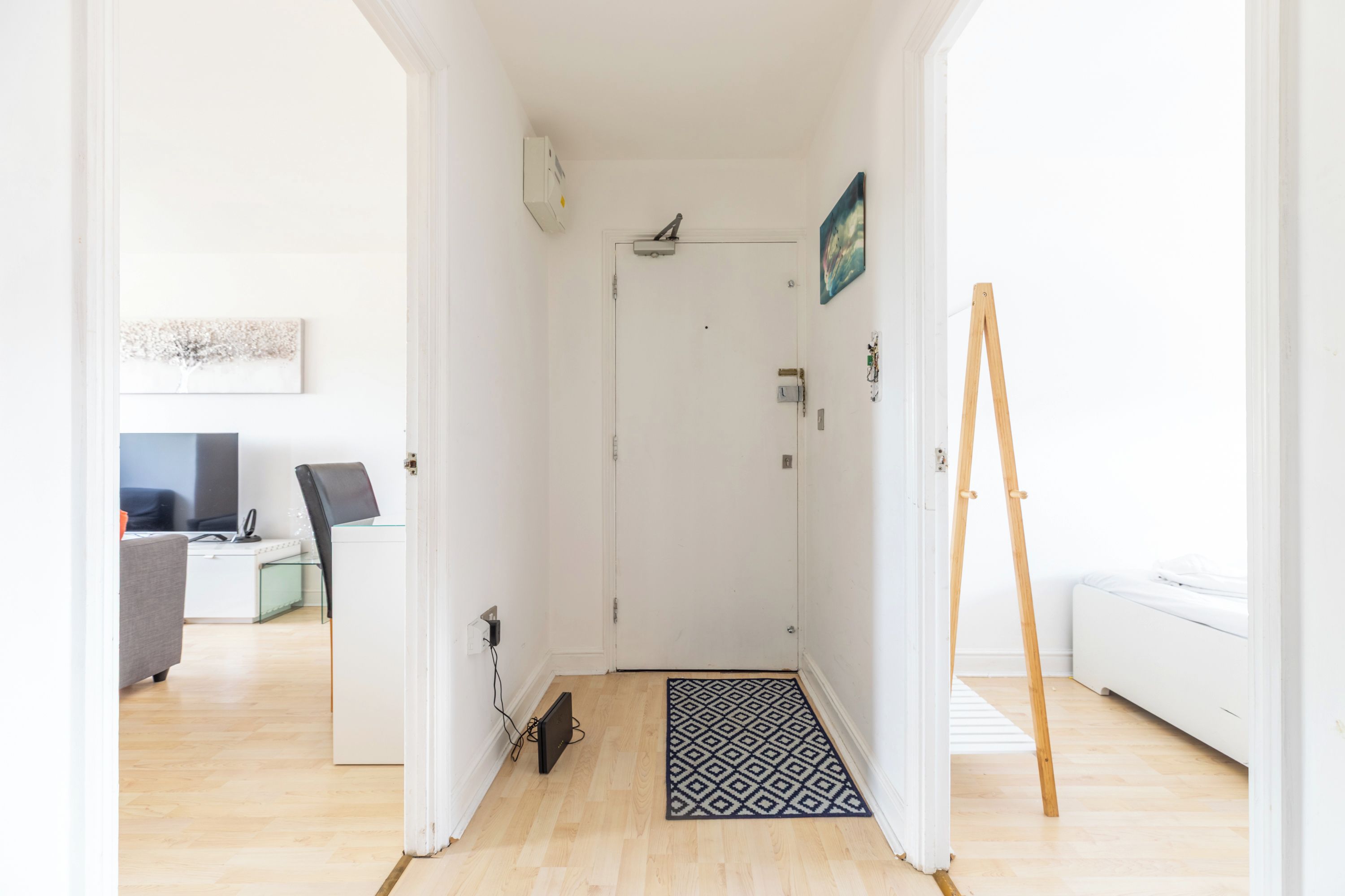 A hallway with a white door, a black and white rug, and a wooden easel.