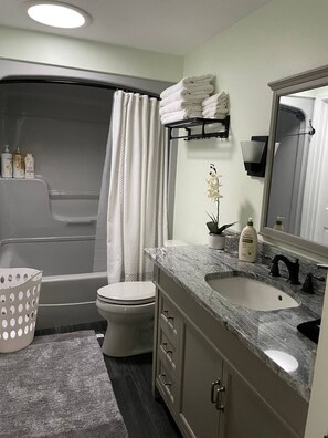 Hair dryer, bidet, towels, soap