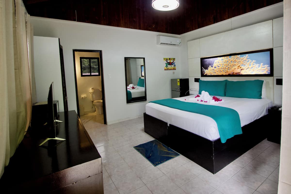 Une chambre d’hôtel équipée d’un lit, d’un bureau, d’une télévision et d’une salle de bain.