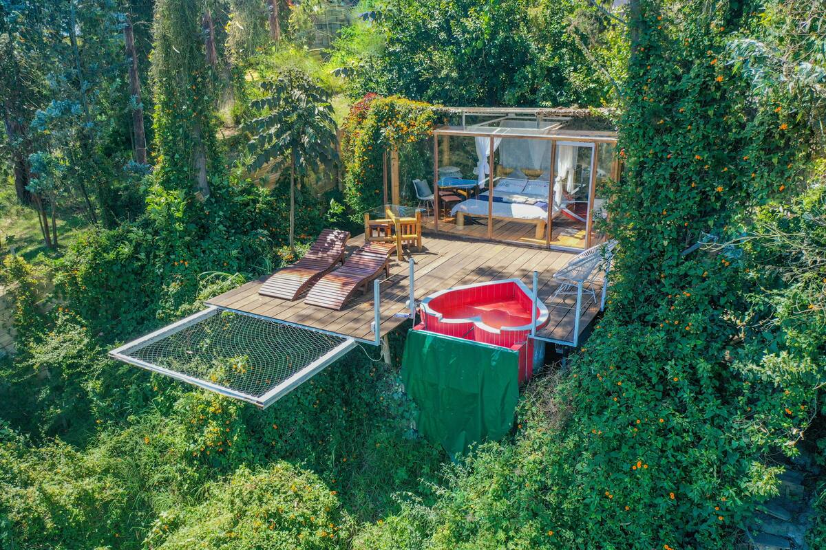 A treehouse with a glass enclosure, wooden deck, and outdoor seating.