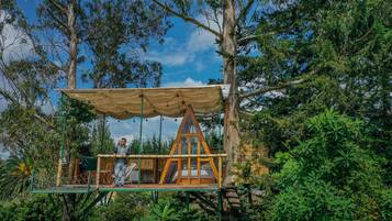 A treehouse with a wooden platform, a canopy, and a rope ladder.
