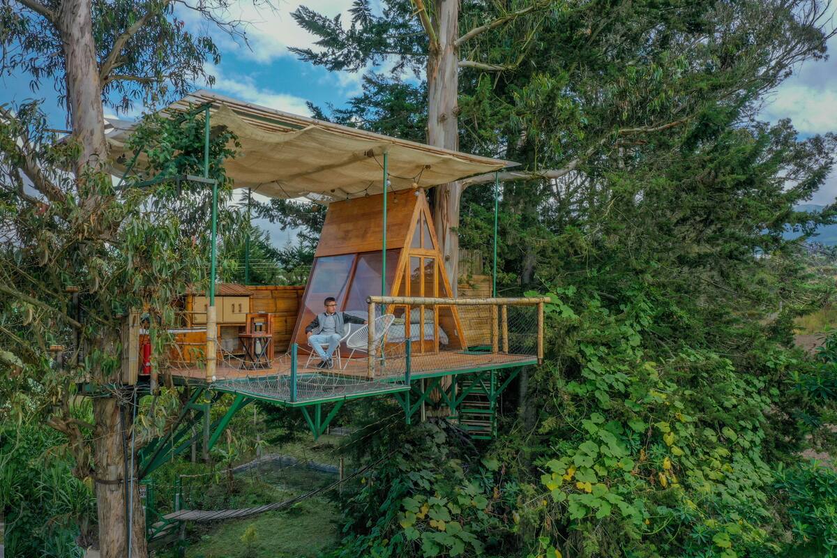 A treehouse with a wooden deck, a transparent wall, and a covered seating area.