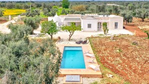 Une villa moderne dotée d’une piscine, entourée d’oliviers et offrant un cadre rural.