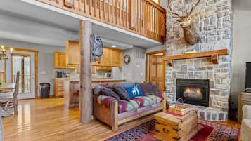 Smart TV, fireplace, books