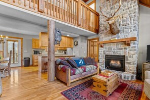 Smart TV, fireplace, books