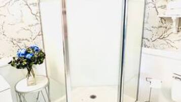 Shower, hair dryer, towels, soap