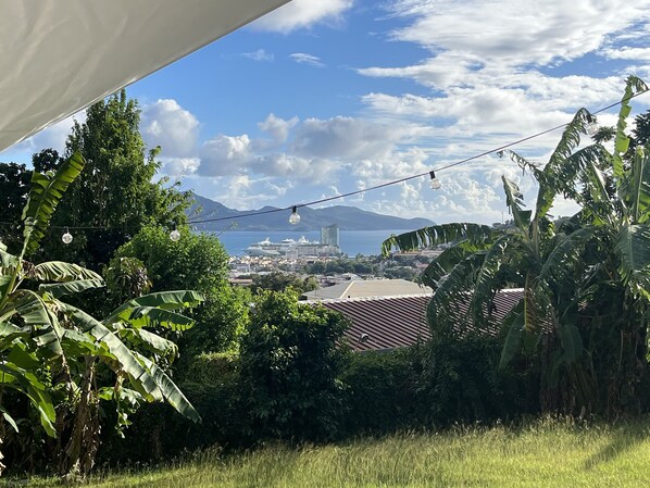 Blick auf eine Küstenstadt mit einem vor Anker liegenden Kreuzfahrtschiff, umgeben von üppiger Vegetation und Bergen im Hintergrund.