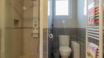 Un bagno con doccia, WC e finestra.