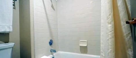 Hair dryer, towels, soap, shampoo