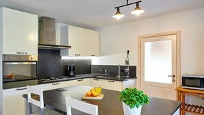 A modern kitchen with a central island, white cabinetry, stainless steel appliances, and a potted plant. - Villa Eugenia (Kvarner - Mošćenička Draga) (Mošćenička Draga)