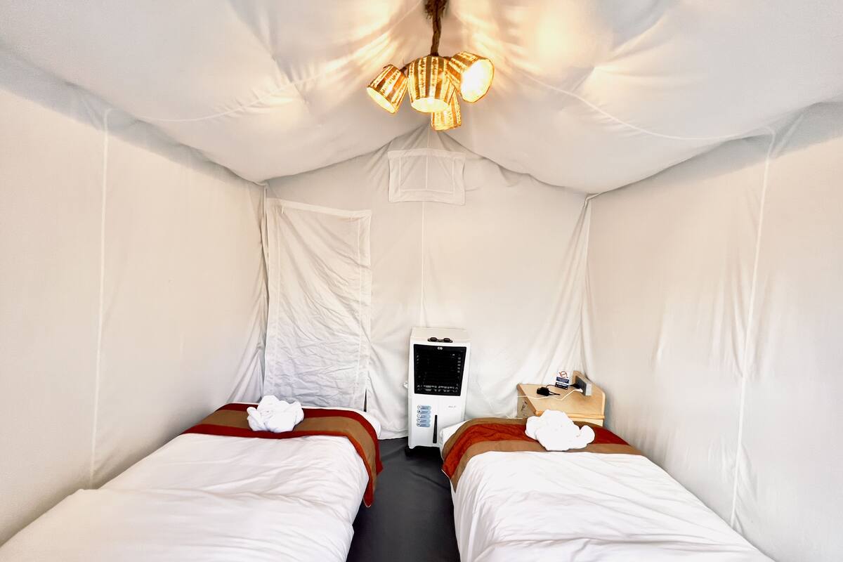 A small, private room with two single beds, a bedside table with a lamp, and a control panel on the wall.