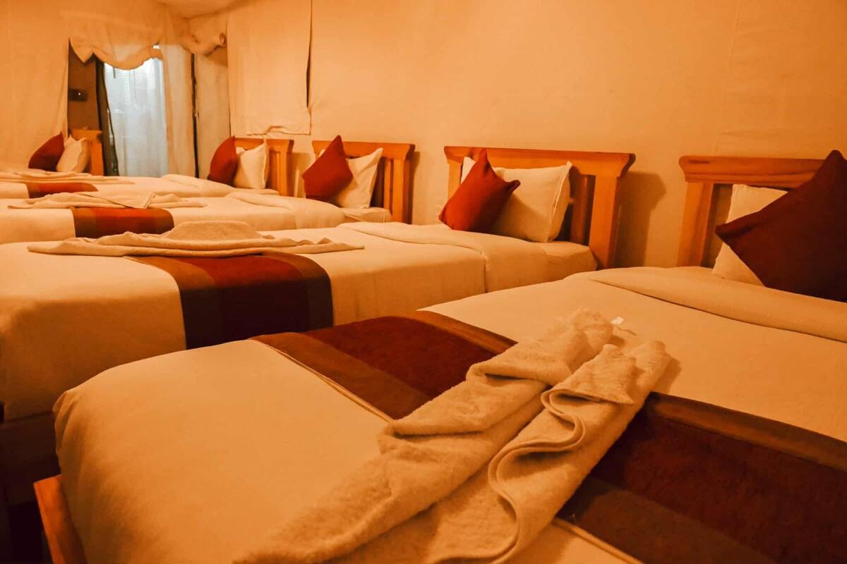 A hotel room with three beds, each with a wooden headboard and red and white pillows.