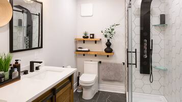 Douche, sĂšche-cheveux, serviettes fournies, papier toilette