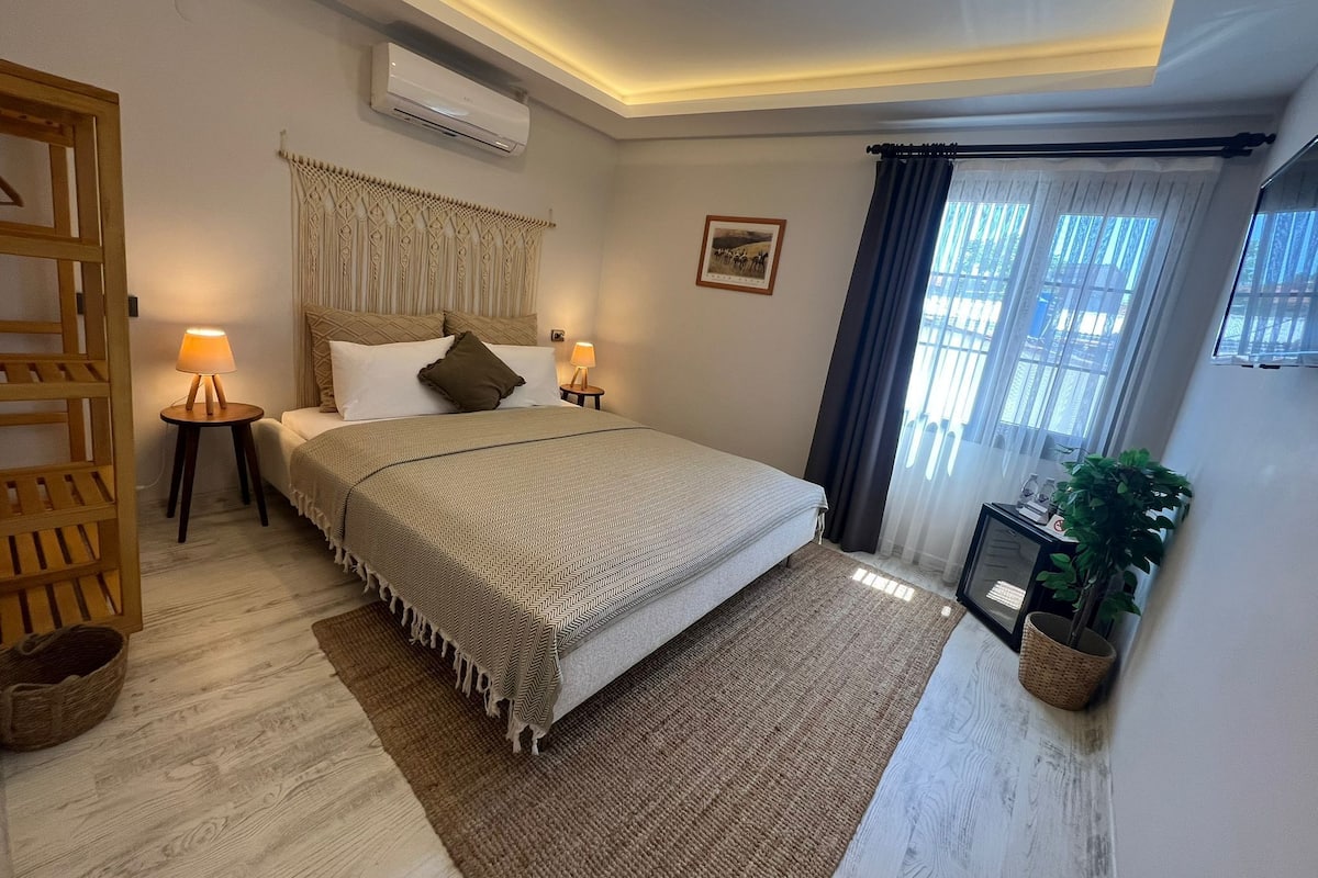 Un dormitorio con cama, dos lámparas de noche, un aire acondicionado instalado en la pared, ventana con cortinas y una mesita con una planta.