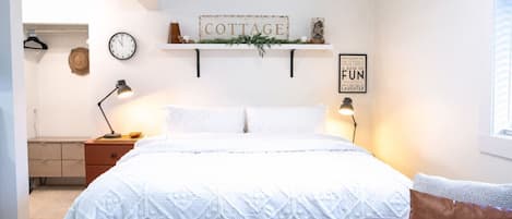 1 bedroom, desk, iron/ironing board, travel cot