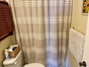 Hair dryer, towels, soap, shampoo