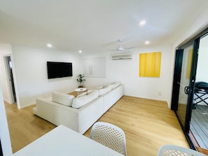 Smart TV, video library, stereo, computer monitors