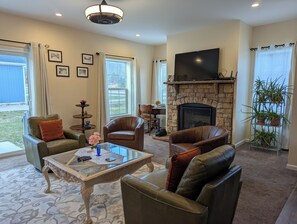 Smart TV, fireplace, books