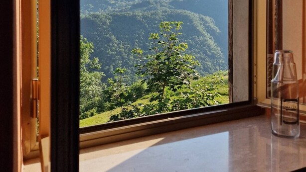 A window with a view of a mountainous landscape.