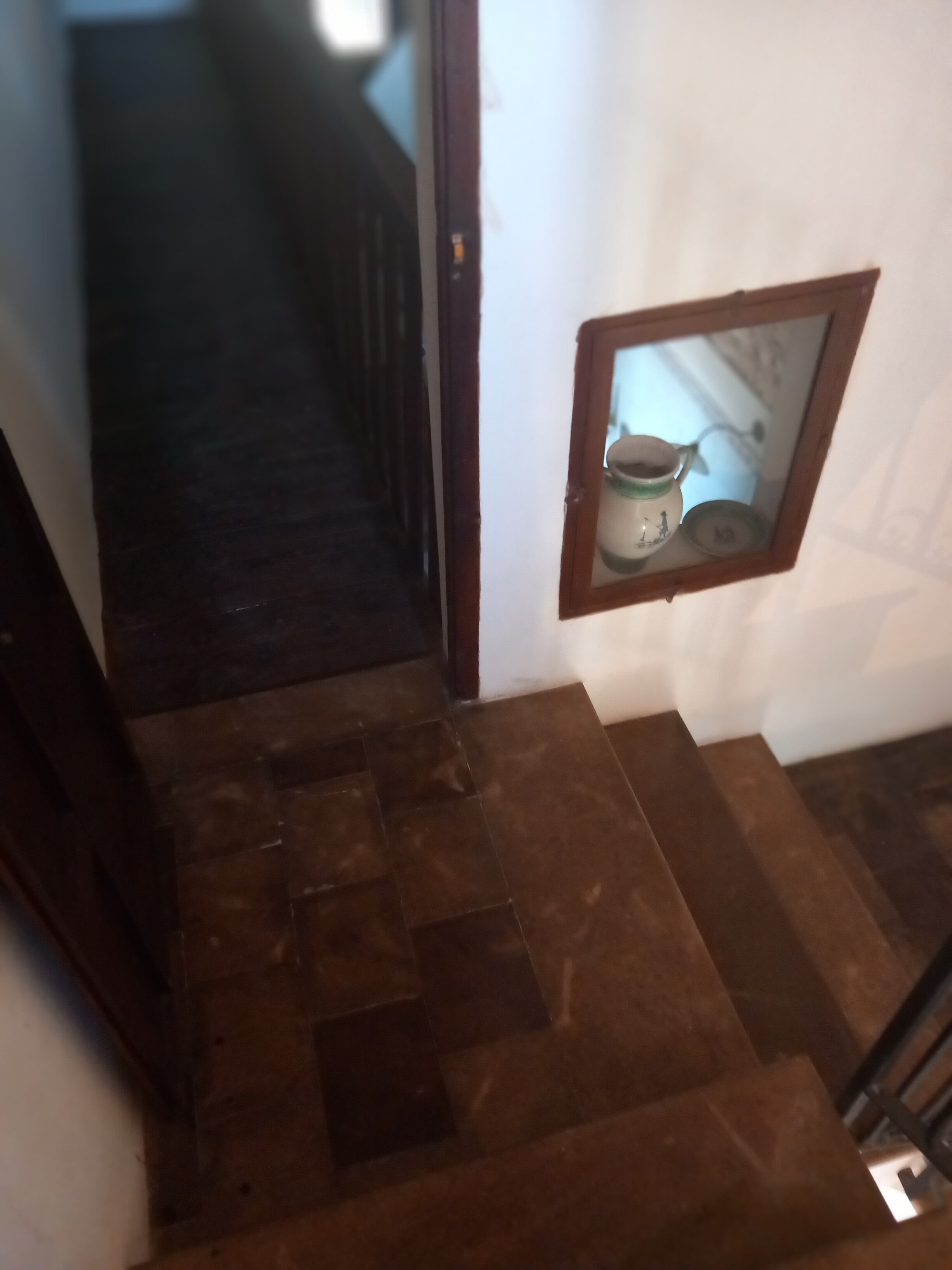 A staircase with dark brown steps leading to a dark hallway.