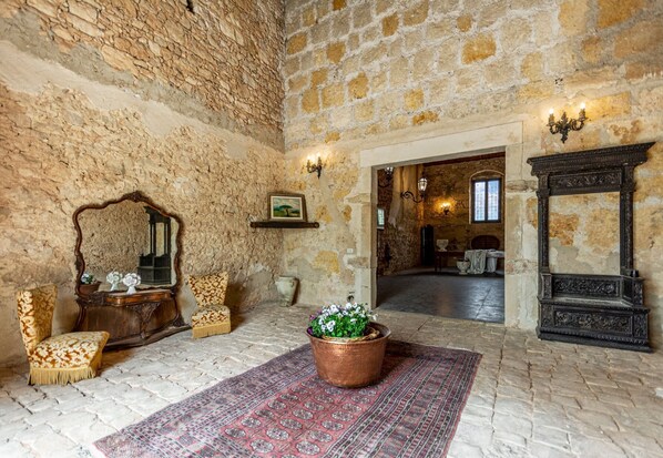 A room with stone walls, a wooden cabinet, a mirror, a potted plant, and a patterned rug.