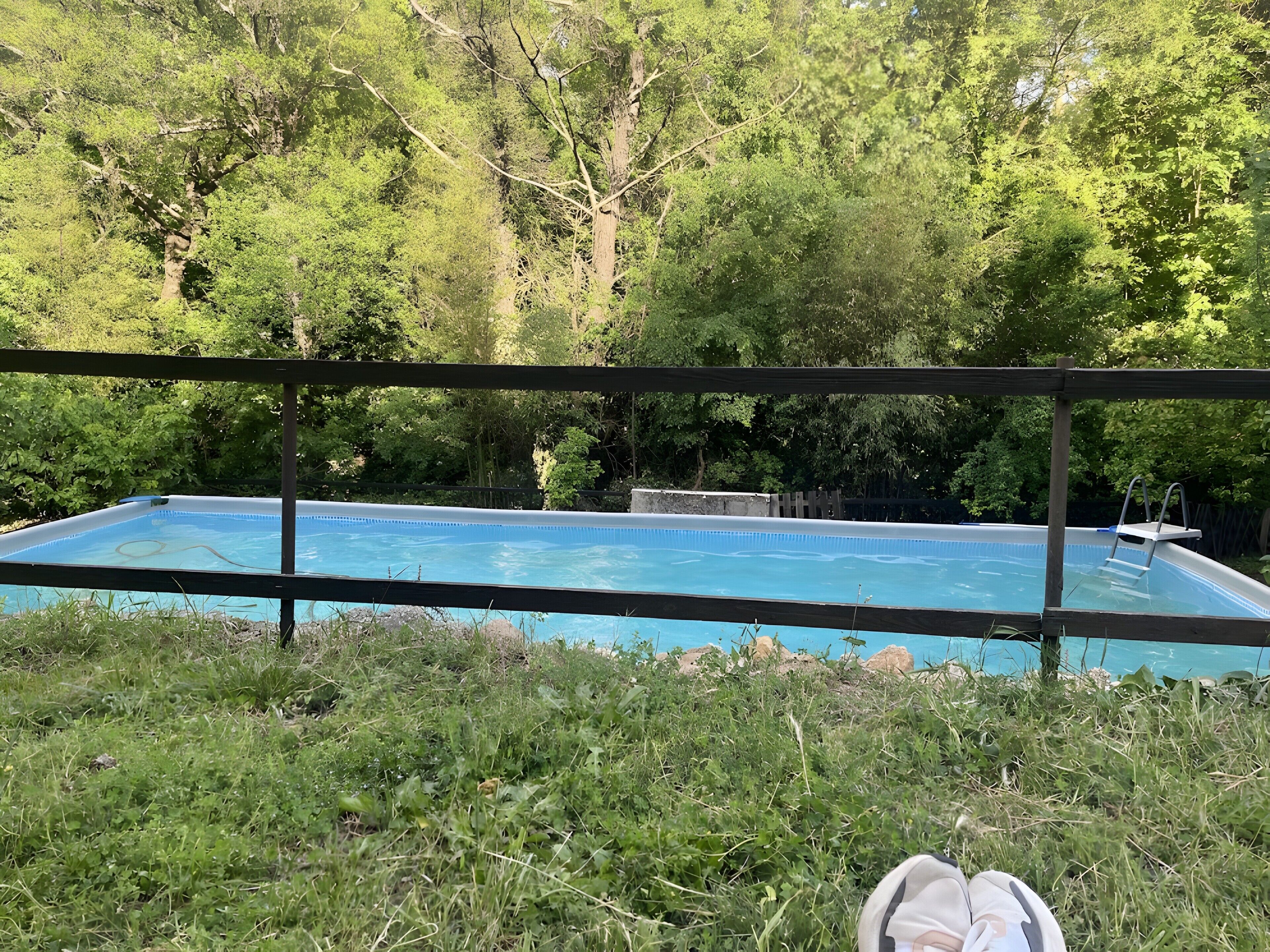 Une piscine extérieure entourée d’une végétation luxuriante.