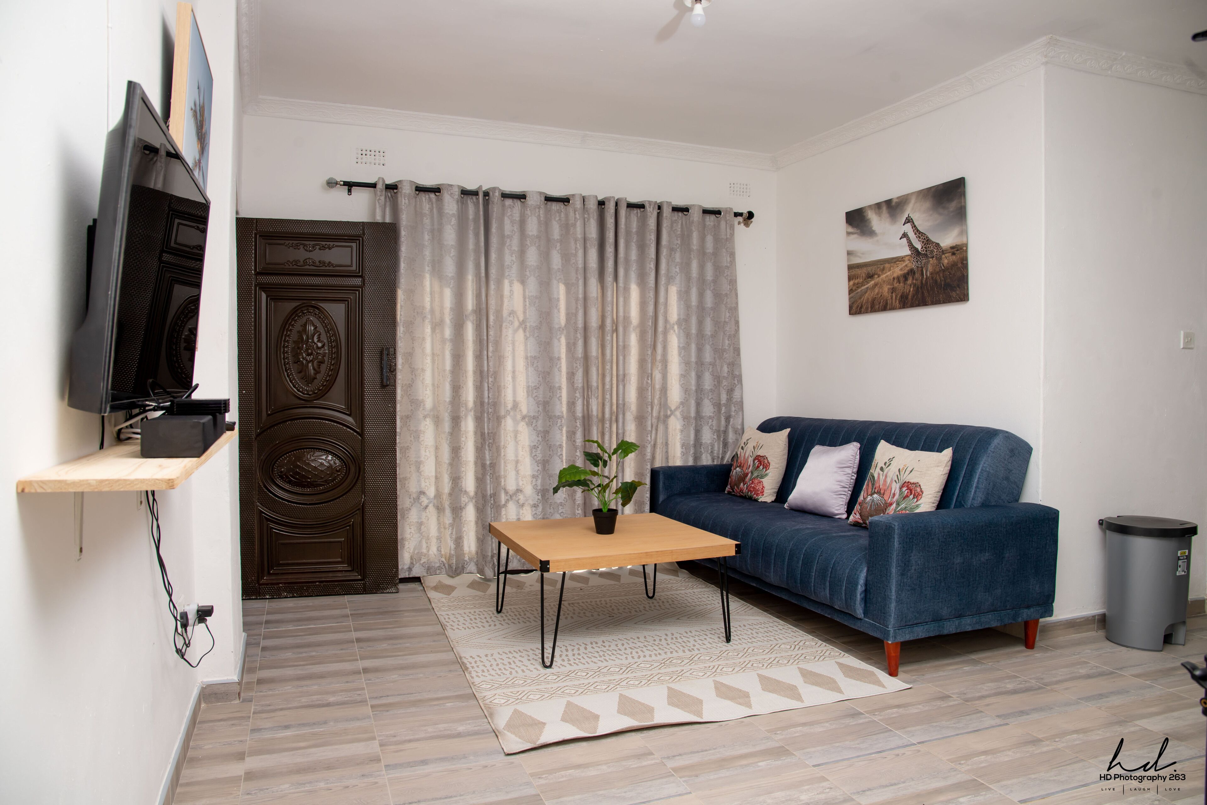 Una sala de estar con un sofá azul, una mesa de centro de madera, un televisor sobre un mueble, una puerta con un panel decorativo y un cuadro de una jirafa en la pared.
