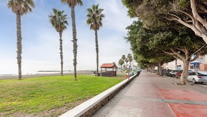 Un paseo marítimo bordeado de palmeras y un edificio con tejados rojos.