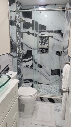 Hair dryer, towels, soap, shampoo