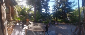 A wooden table with chairs, a hanging plant, and a potted plant in a garden area with trees and a clear sky.