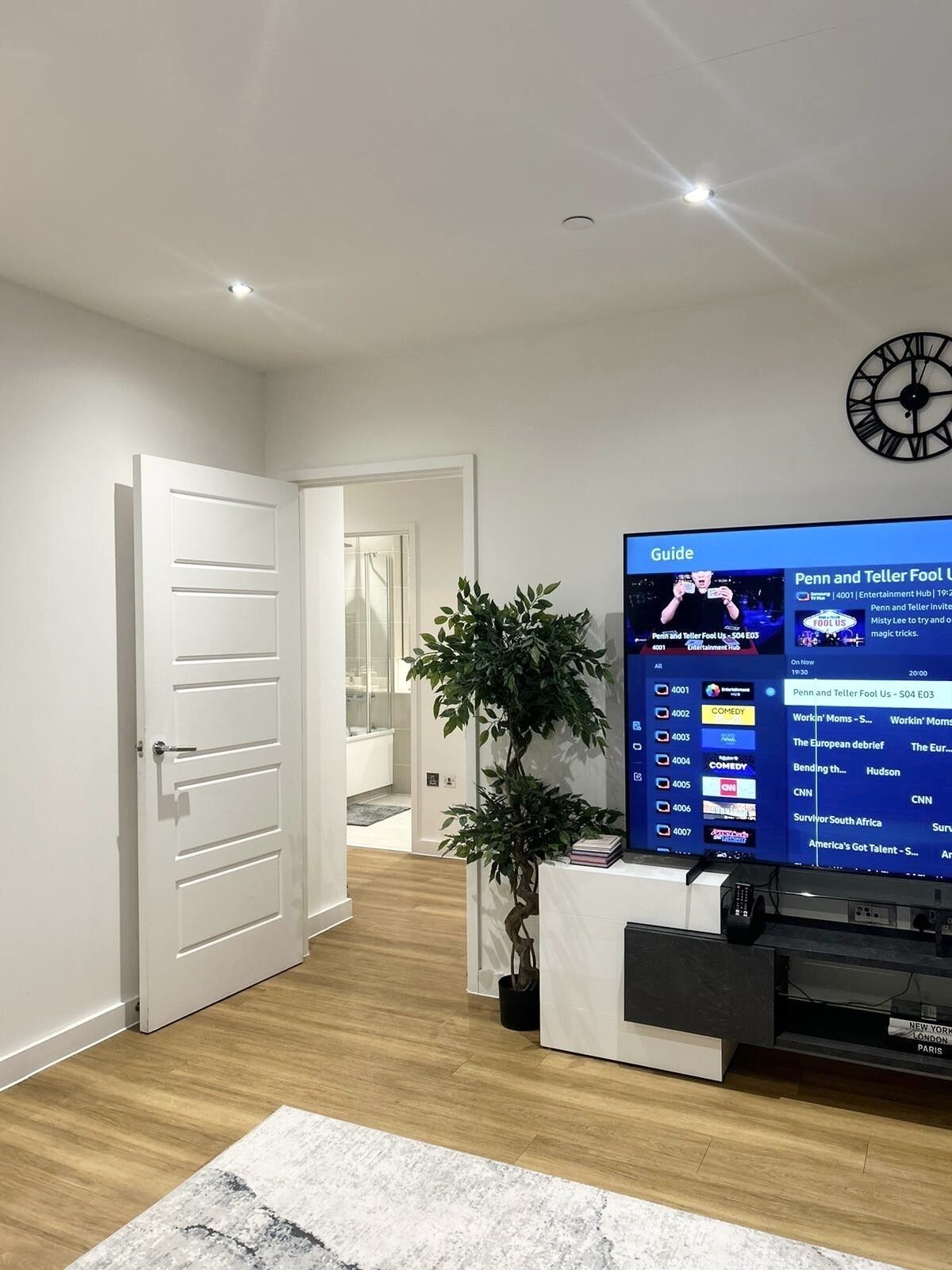 A modern living room with a flat-screen TV displaying a guide channel, a potted plant, and a wooden floor.