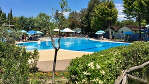 Une piscine entourée d’arbres et dotée d’une allée pavée en briques, avec des chaises longues et des parasols à proximité.