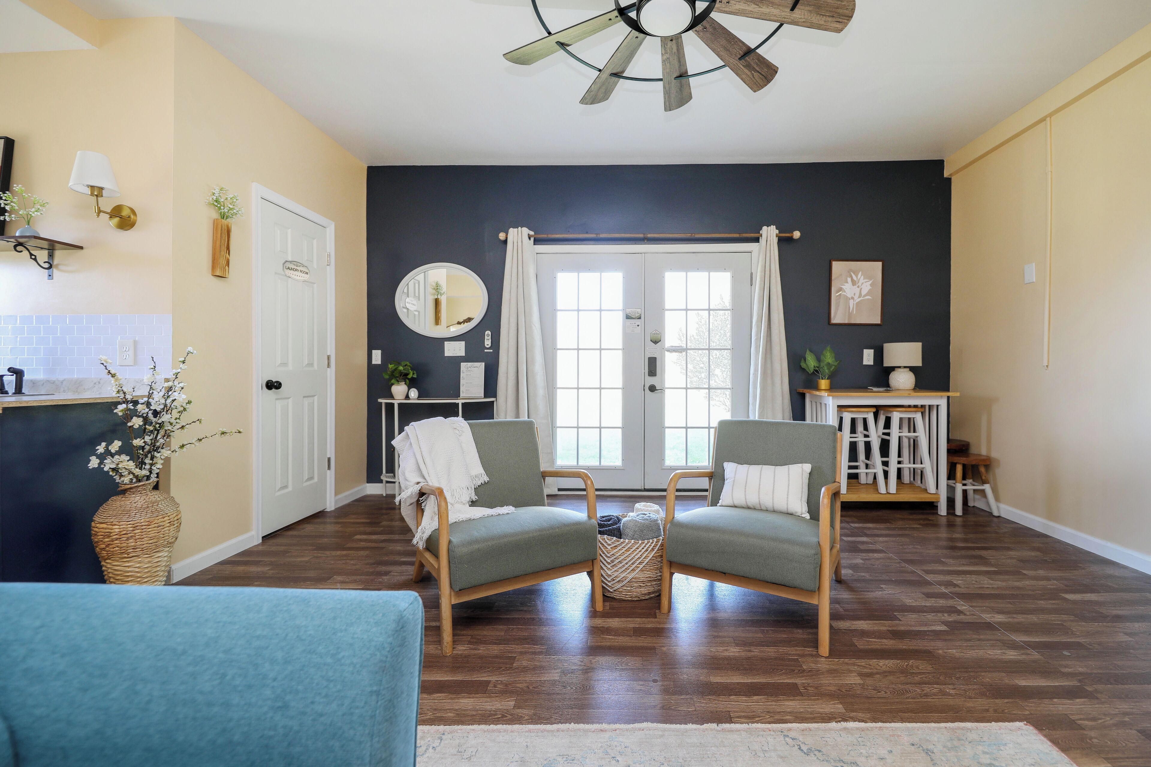 Smart TV, fireplace, books